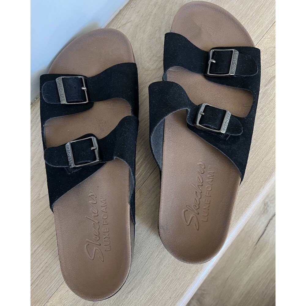Sketchers Womens Black Two Strap Luxe Foam Slide Sandals Sz 9 Everyday Casual